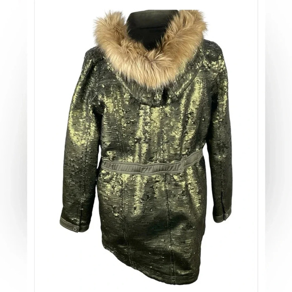 Express Green Sequin Parka With Fur Lining ✨ size Small‎ - Picture 4 of 13